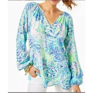 Lilly Pulitzer Lilly Pulitzer WILLA Pink Blue Turtle Print Rayon Blouse size lar